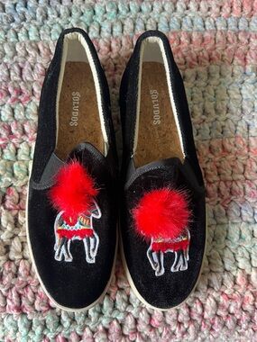 Soludos Black Velvet Slip-Ons with Red Pom Embellishment
